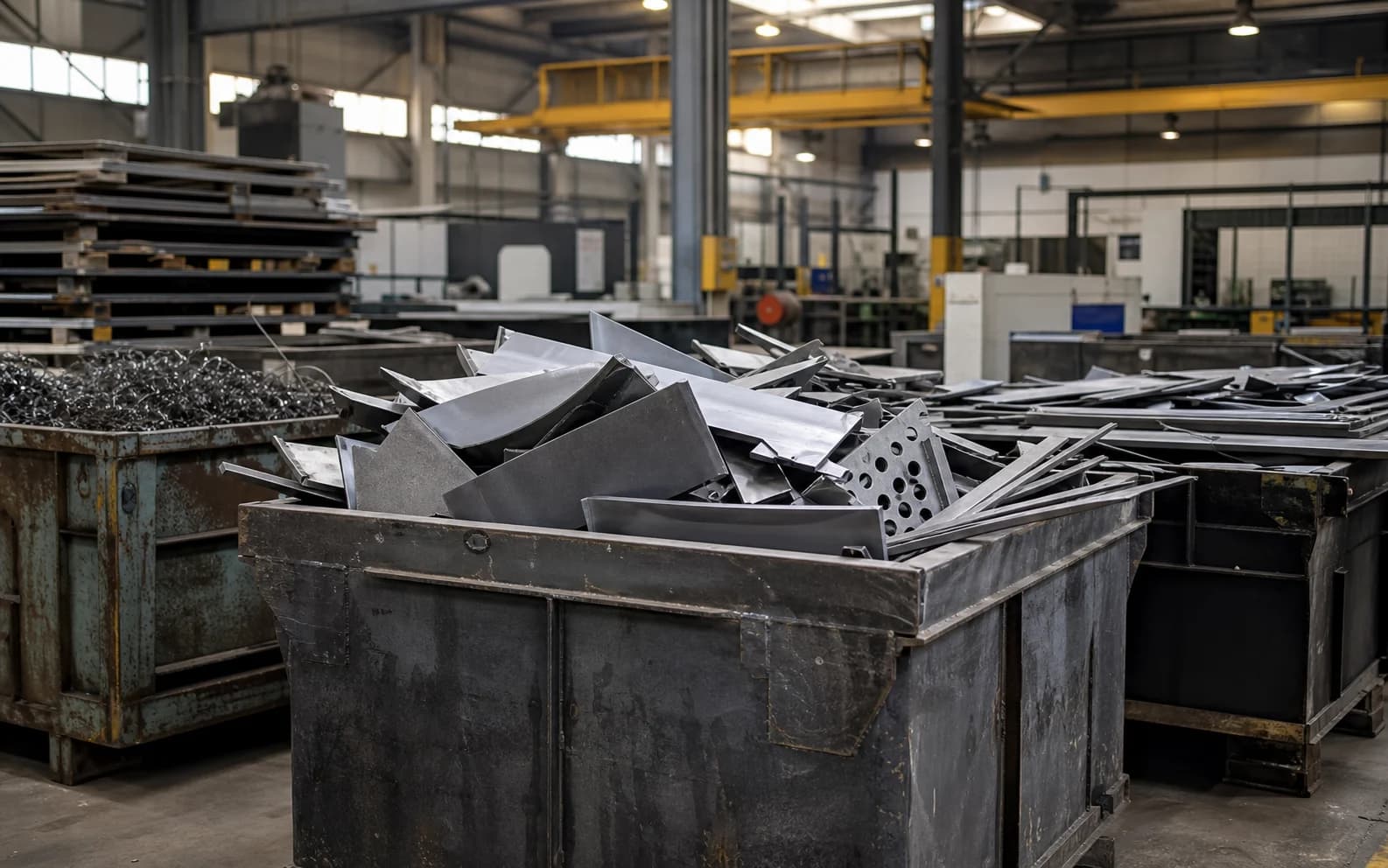 Fabrika içinde metal kasalarda ayrıştırılmış sac fireleri ve sanayi hurdası